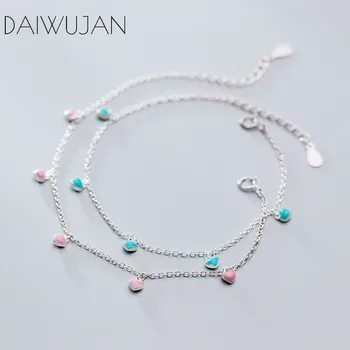 

DAIWUJAN Real 925 Sterling Silver Sweet Pink Green Heart Pendant Charm Bracelets For Women Girls Romantic Jewelry Gift