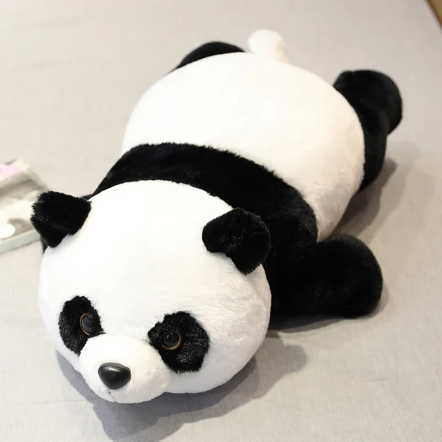 Cute Panda Plush Toys Lifelike Rabbit Hair Lying Panda Pillow Soft Cartoon Animal Black and White Stuffed Appease Doll Xmas Gift