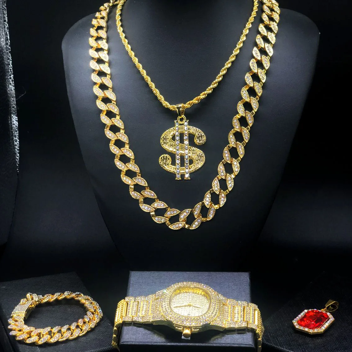 

Diamond inlaid luxury dollar Logo Necklace + Cuban chain combination set, gold ice out Cuban bracelet, men's watch, ruby set