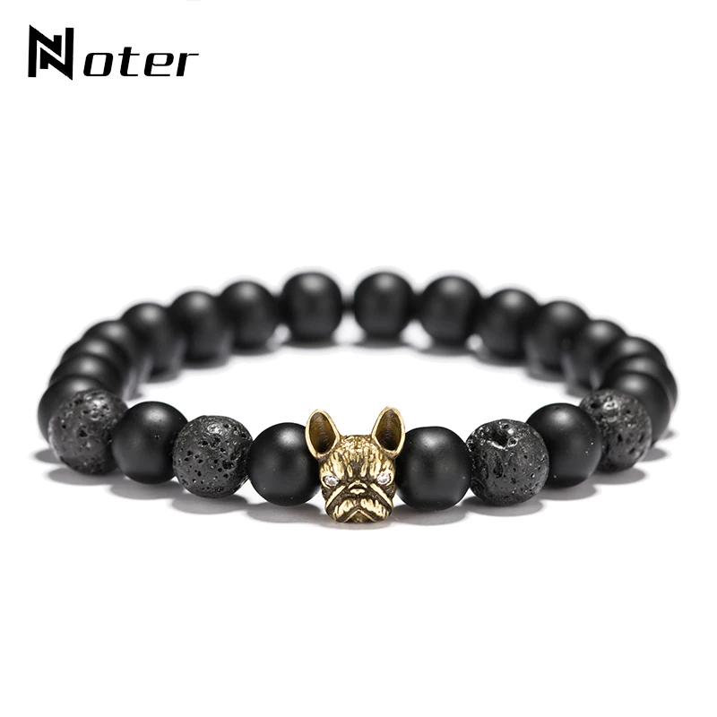 Noter French Bulldog Bracelet Men Vintage Copper Beads Strand Bracelet Natural Matte Lava Stone Braslet Erkek Bileklik Pulseras