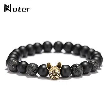 Noter French Bulldog Bracelet Men Vintage Copper Beads Strand Bracelet Natural Matte Lava Stone Braslet Erkek Bileklik Pulseras