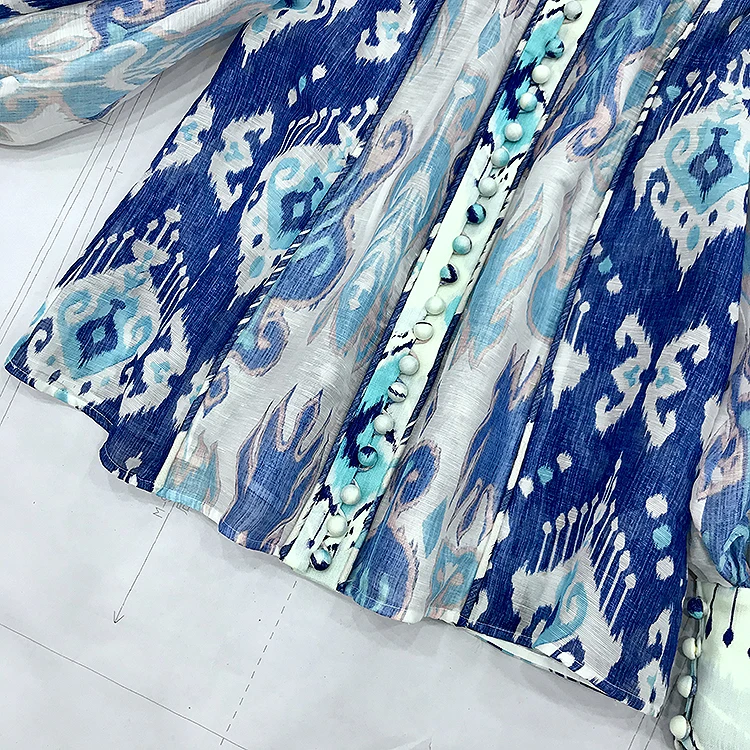 Высококачественный Топ для женщин со стоячим воротником Slik& Linen с длинным пышным рукавом с цветочным принтом спереди с пуговицами и контрастными вставками Deta