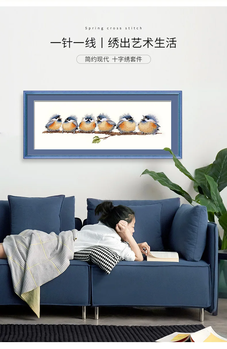 Needlework,DMC color Cross stitch Embroidery kit,A line of colorful birds family Cross-Stitch handwork painting gift