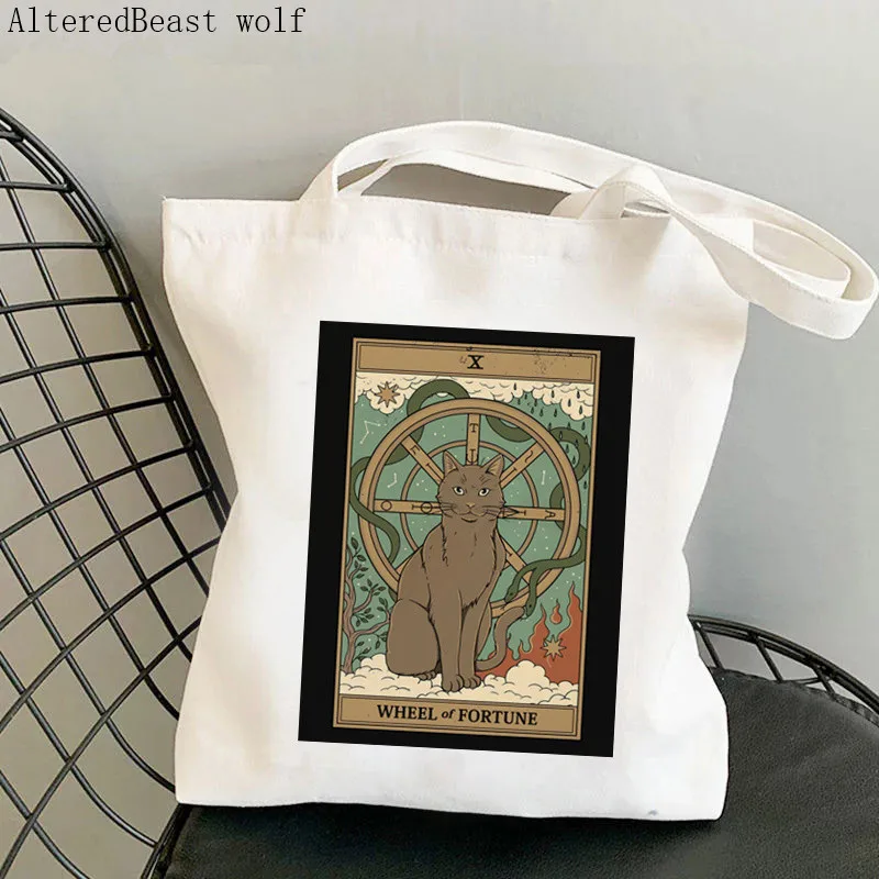 Women Shopper bag Pisces cat Tarot Printed Kawaii Bag Harajuku Shopping Canvas Shopper Bag girl handbag Tote Shoulder Lady Bag