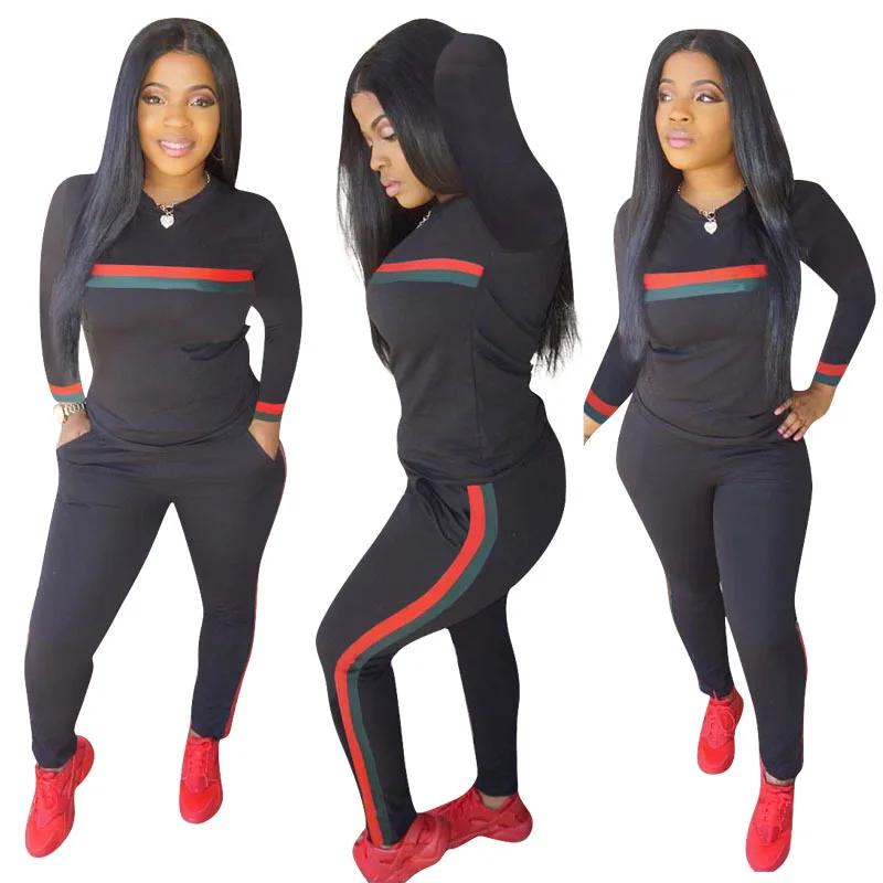 

Women Set 2 Pieces Sets Tracksuit Print +Side Stripe Pants Pullover Women Clothes Sports Suits Outfits