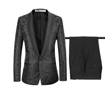 

Black Suit Mens Wedding Banquet Dress Suit Floral Printing Pattern Slim Fit Suit BlazerTurndown Collar Blazer and Dress Pants