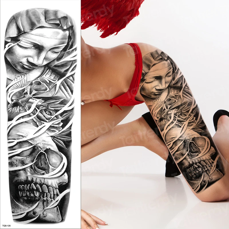 waterproof temporary sleeve tattoo large black clock gothic tattoo long sleeve sexy tattoo for women men girls leg tatoo fake