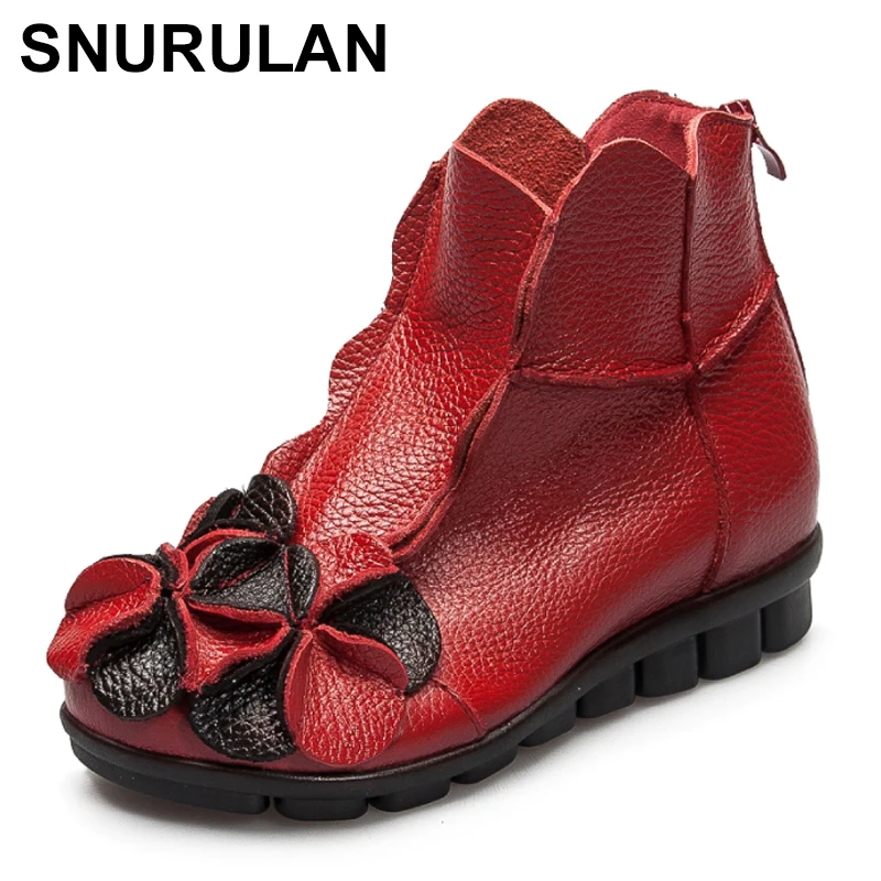 

SNURULAN Women's genuine leather ankle boots; Vintage handmade shoes with flowers; retro style cowboy boots; non-slip warm boot