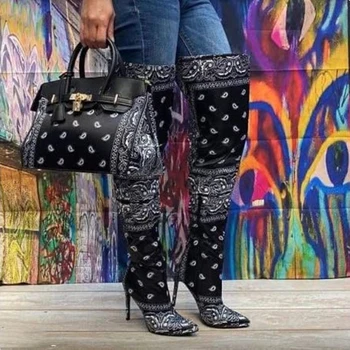 

Print Graffiti Women's Pointed Toe Over The Knee Boots Ladies Elegant Thin Heels Women Long Boots Female Sexy Pumps Woman Shoes
