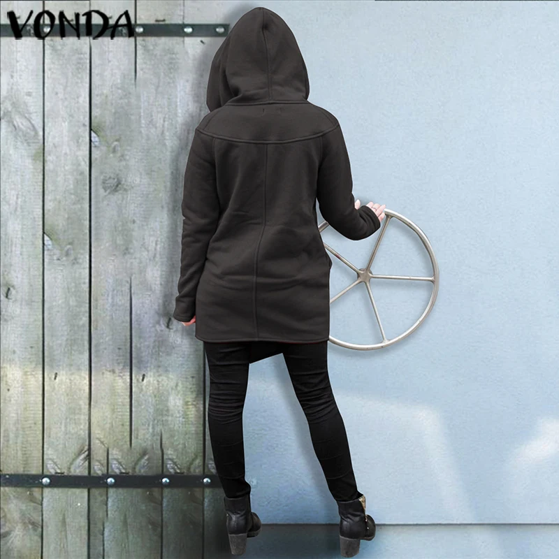 VONDA/женские толстовки осень-зима, однотонные толстовки, повседневные толстовки с капюшоном и длинными рукавами, куртки на молнии, перемычка Hoody, верхняя одежда