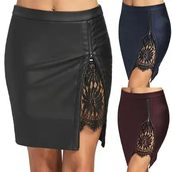 

Women Sexy Zipper Lace Patchwork Faux Leather High Waist Bodycon Skirt Gothic Mini Bodycon Short Skirt Slim Clubwear