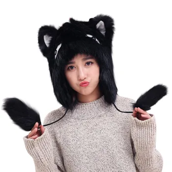 

Ladies Winter Hat Plush Fake Thick Cute Cartoon Hat Ear Protectors Warm Plush Hat Ear-lifting Cap Toy #35