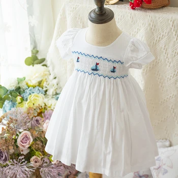 

Baby Girls White Smocked Dresses Childen Embroidery Sailboat Frocks Infant Smocking Handmade Dress Kids Boutiques Clothing