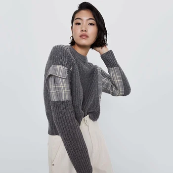 

2019 ZA Autumn and Winter New Knit Sweater Women's Fashion Long-sleeved Round Neck Stitching Striped Pocket Warm Knit Sweater