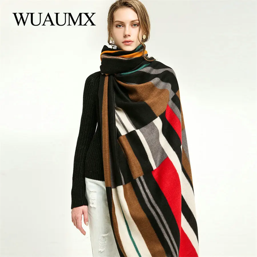 

Wuaumx Autumn Winter Warm Cashmere Scarf For Women Stripe Pattern Women's Scarves Ladies Wraps and Shawls Neckerchief 180*90cm