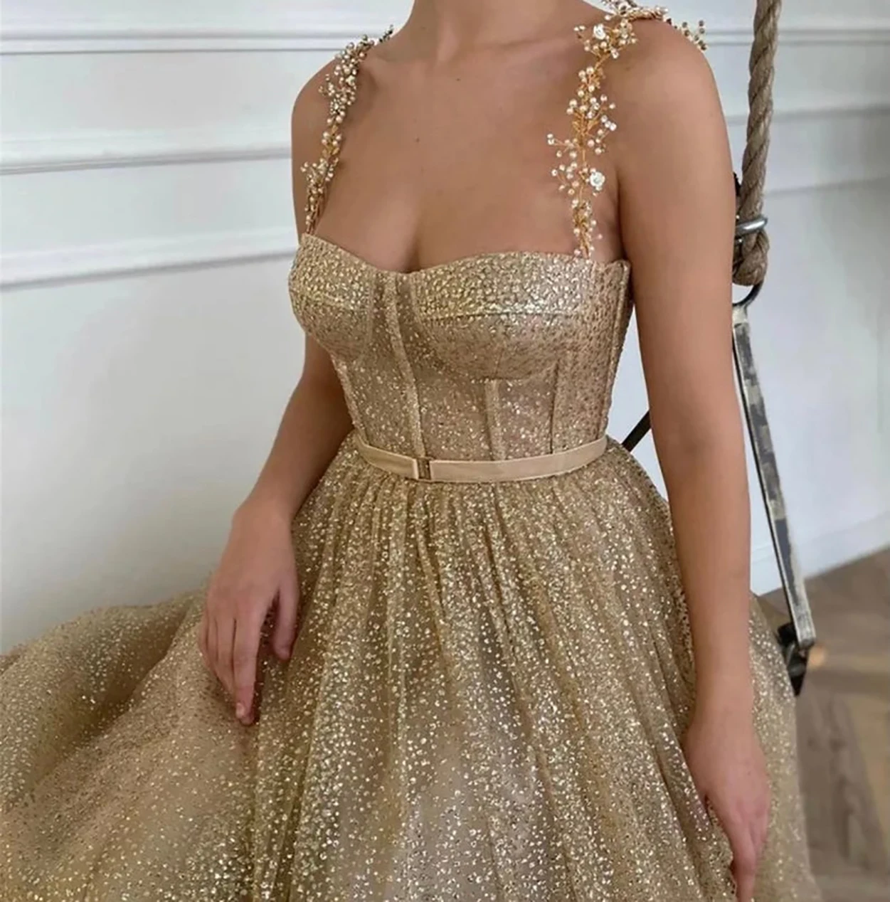 

J71 Fancy Gold Natural A-Line Tea-Length Glitter Tulle Homecoming Dresses/Bridal Engagement Prom Gowns Beading Free Shipping