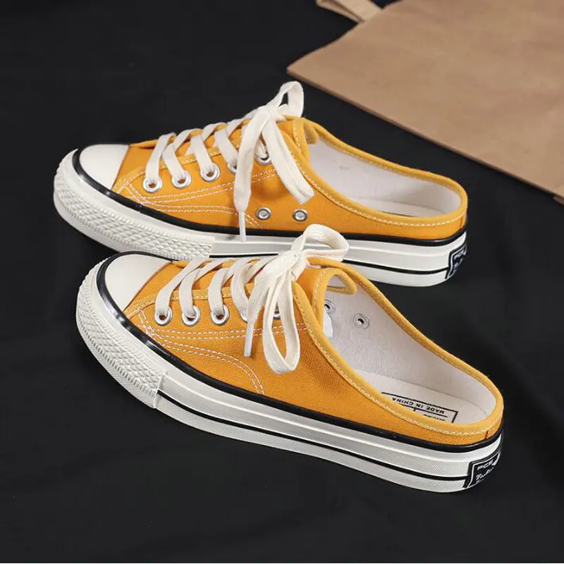 

New Spring 2019 Woman Half slipper Canvas Shoes flat sneakers women casual Comfortable loafer Driving low lace up shoes