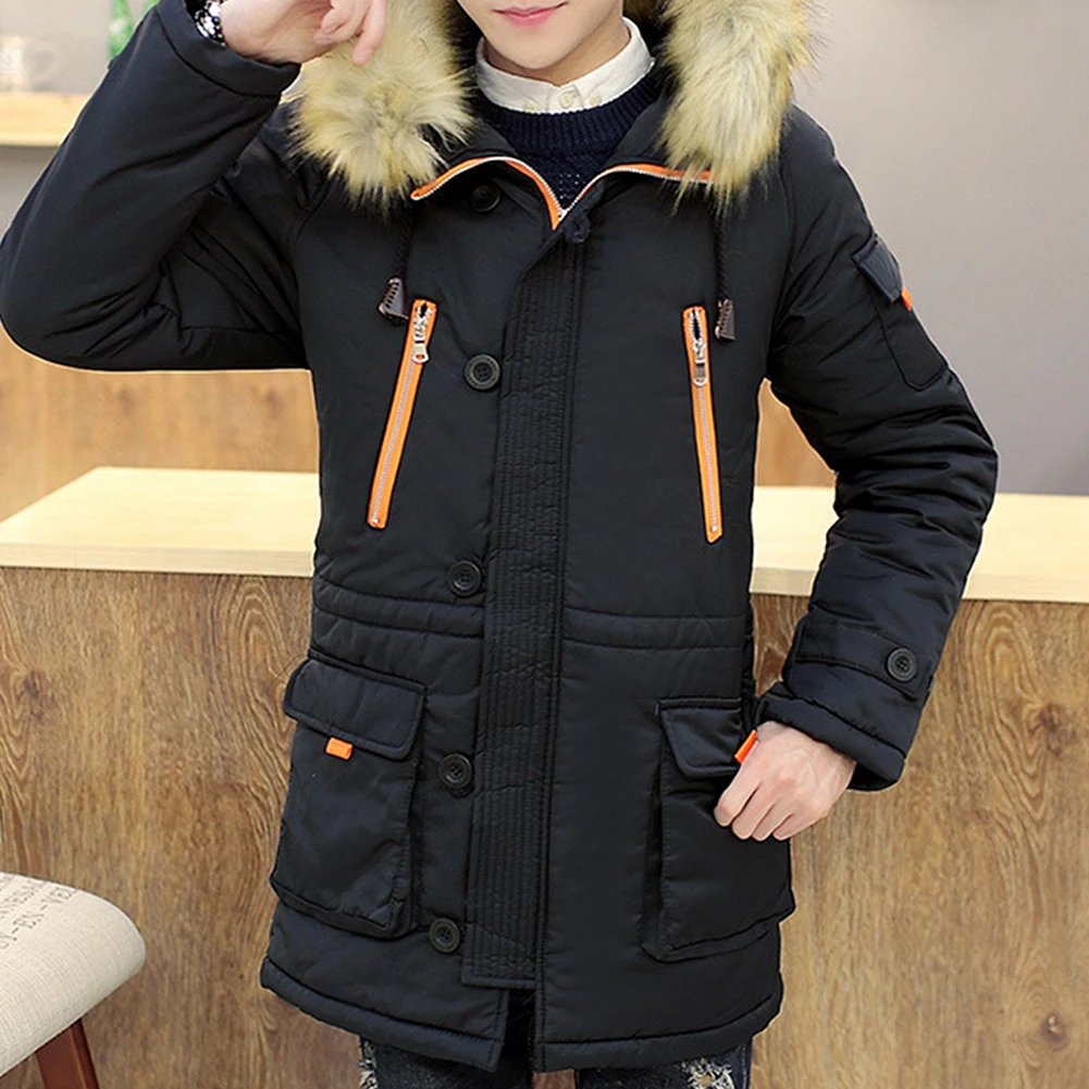 ropa hombre de marca Winter Men Color Block Plush Long Sleeve Hooded Midi Coat Quilted Jacket пальто мужское зимнее