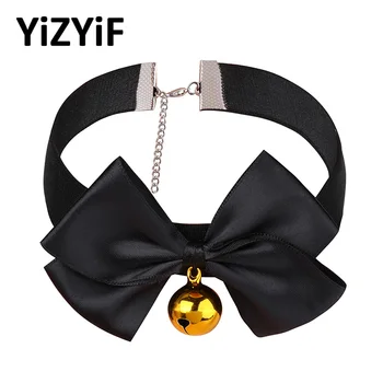 

Bow Tie Neck Choker Collar Necklace with Bell Adjustable Soft Ribbon Bow Bell Sexy Bow Knot Small Bell Collar Choker Role play