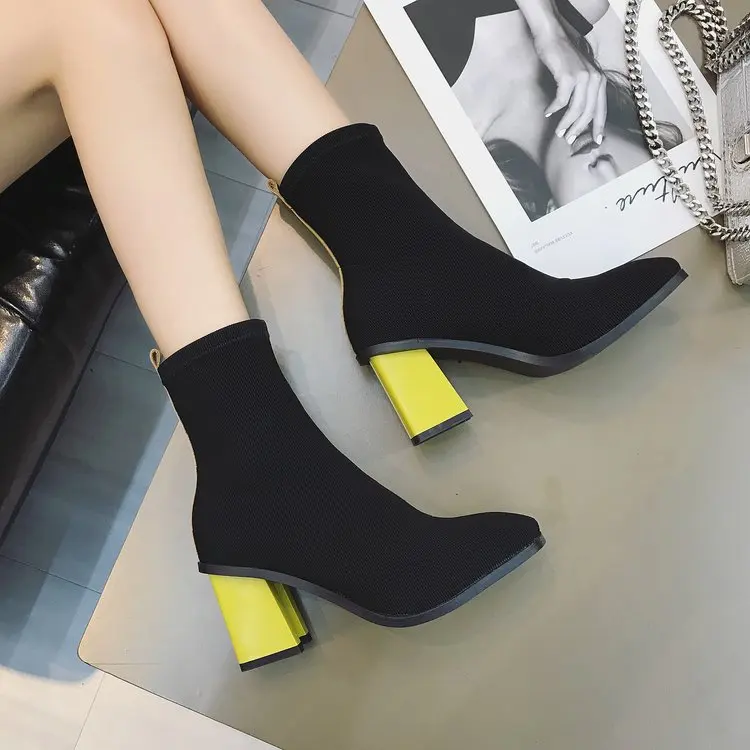 2019 Slim Stretch Ankle Boots for Women Round Toe Sock Multicolor Square High Heel Shoes Woman Fashion Bota Feminina | Обувь