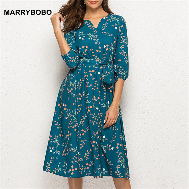 2019 primavera Vintage vestido señora Floral vestidos de fiesta 2019 Casual manga corbata cintura Midi vestido talla grande| Vestidos| - AliExpress
