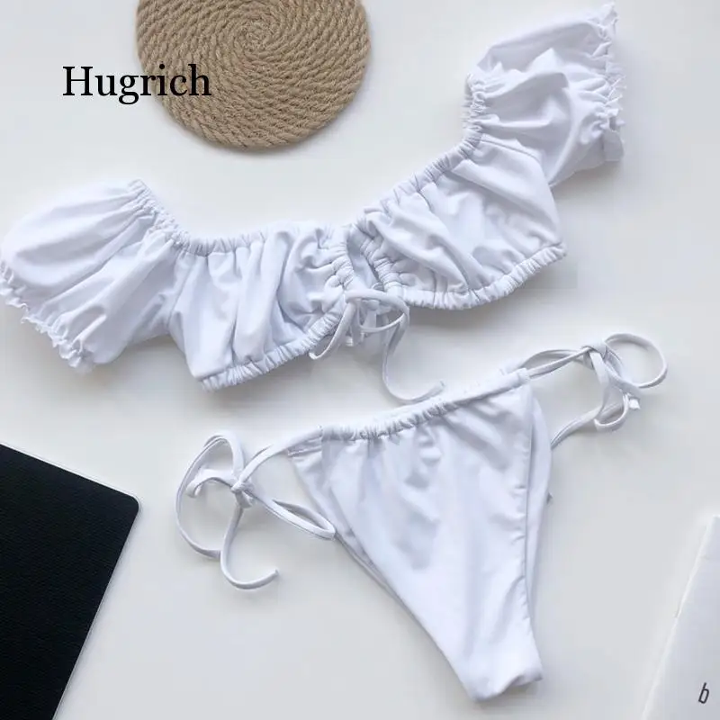 Solid White Ruffle Swimsuit Female Bandeau Bikini 2020 Short Sleeve Swimwear Women Tie Side Bathing Suit High Cut Biquini