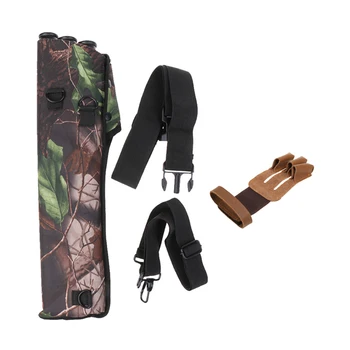 

Camouflage Archery Back Quiver Bag 3 Tubes Bow Arrow Holder for 30 Arrows Protection + 3 Fingers Leather Archery Glove