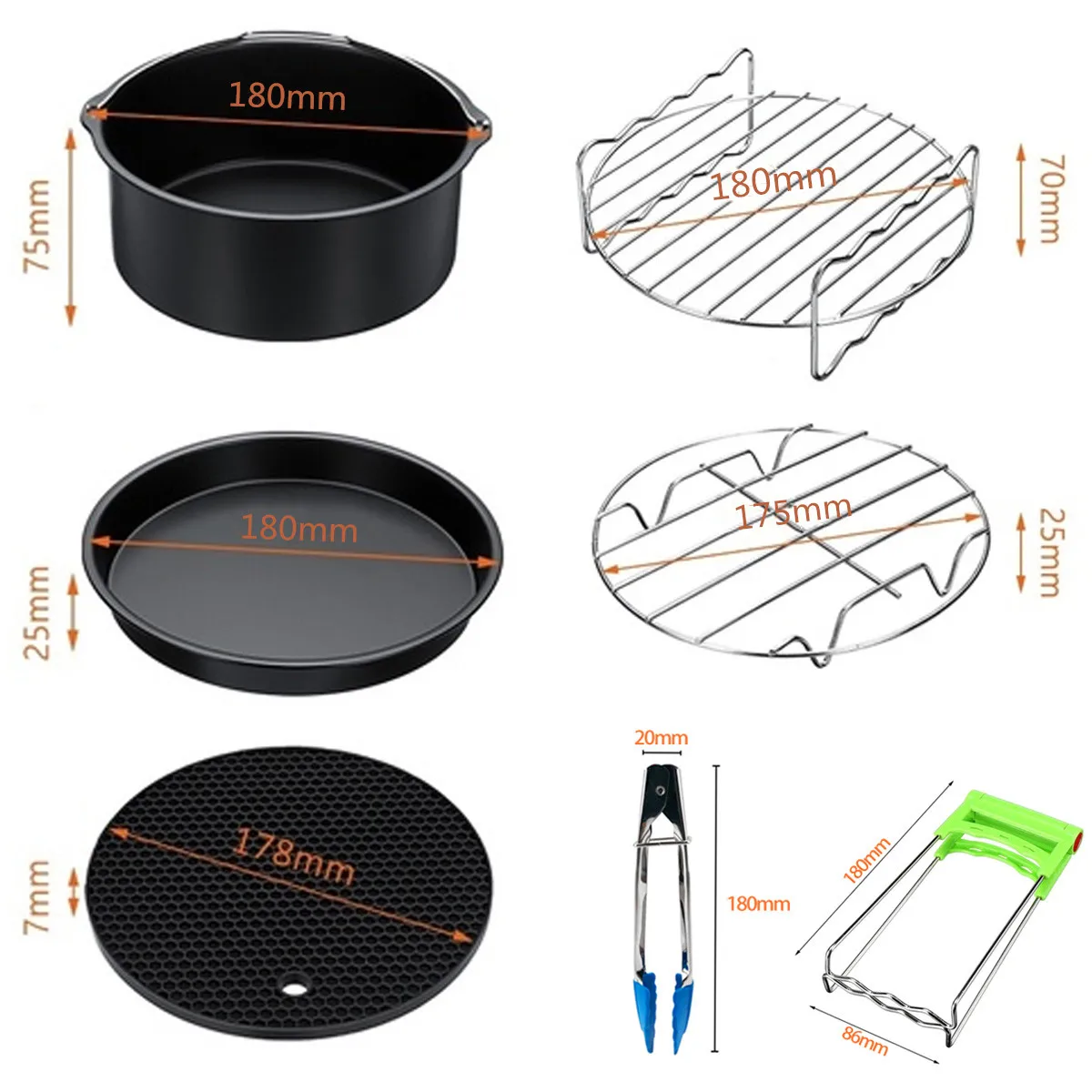 7 шт. аксессуары для воздушной фритюрницы для приготовления пищи подходит для всех аэрофритюрниц для 3.7QT-5.3QT пищевая тарелка с зажимом для пиццы, сковорода для торта, силиконовый коврик