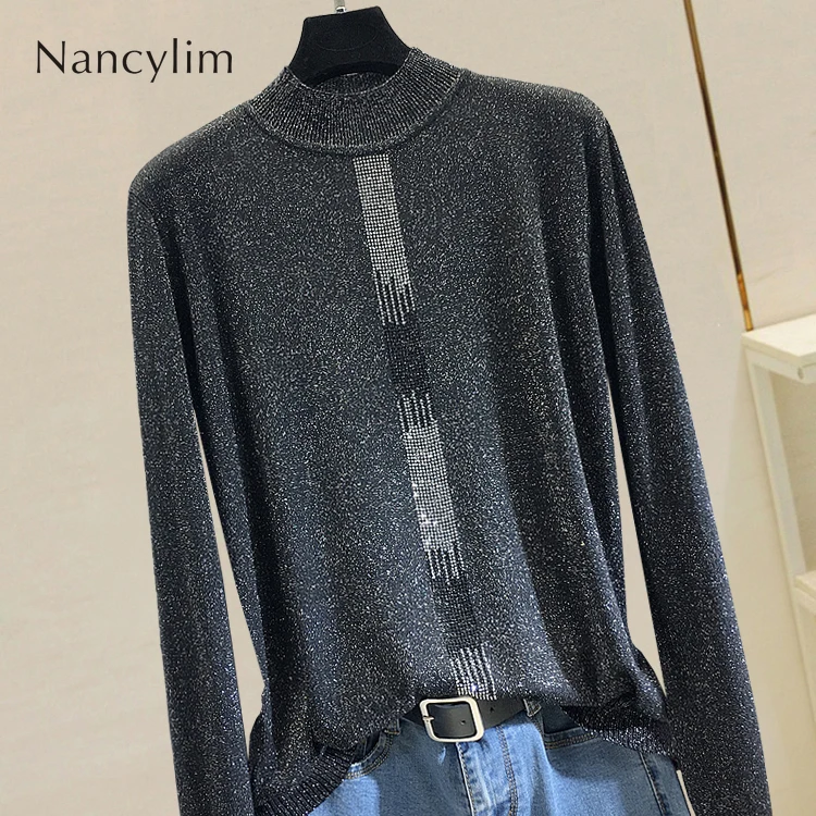 

Turtleneck Women's Fall Winter Black and White Hot Drill Loose Bright Silk Knitted Shirt Long Sleeve Thin Sweater Jacket Jumper