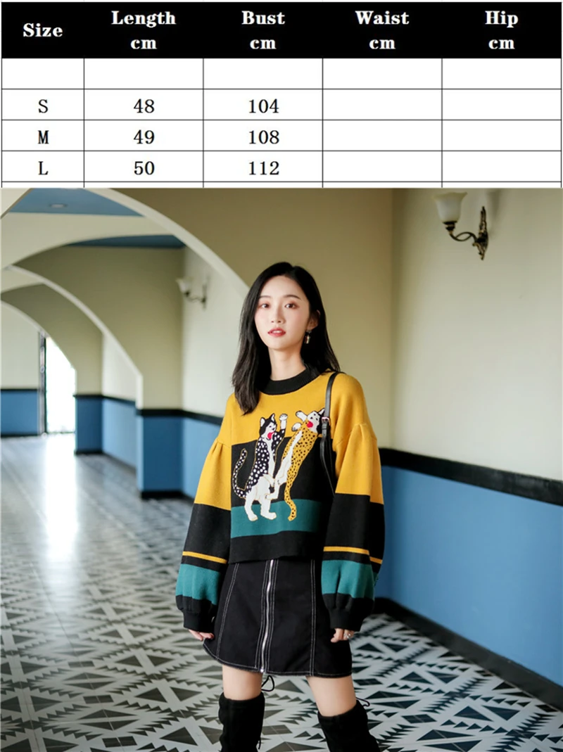 Корейский Харадзюку весна осень женский вязаный свитер шикарный o-образный вырез фонарь рукав мультфильм шаблон короткий стиль свитер женский SL244