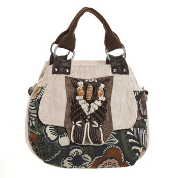 

JHD-Retro Embroidery Ladies Handbag Ethnic Style Ethnic Canvas Handbag Wooden Bead Double Travel Shoulder Bag