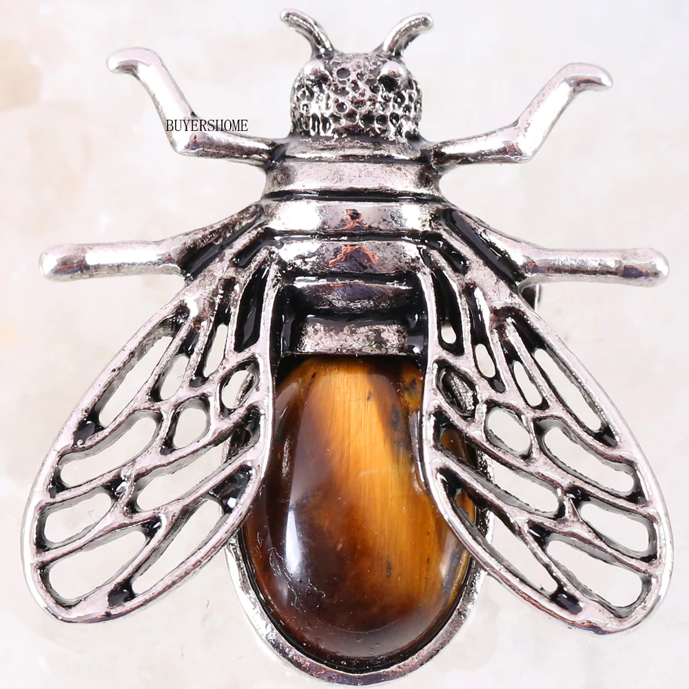 1Pcs Silver Cicada Brooch Natural Stone Pendant Howlite Rhodonite Carnelian Onyx Bead for Men Women DIY Jewelry Making - Окраска металла: Gold Tiger Eye