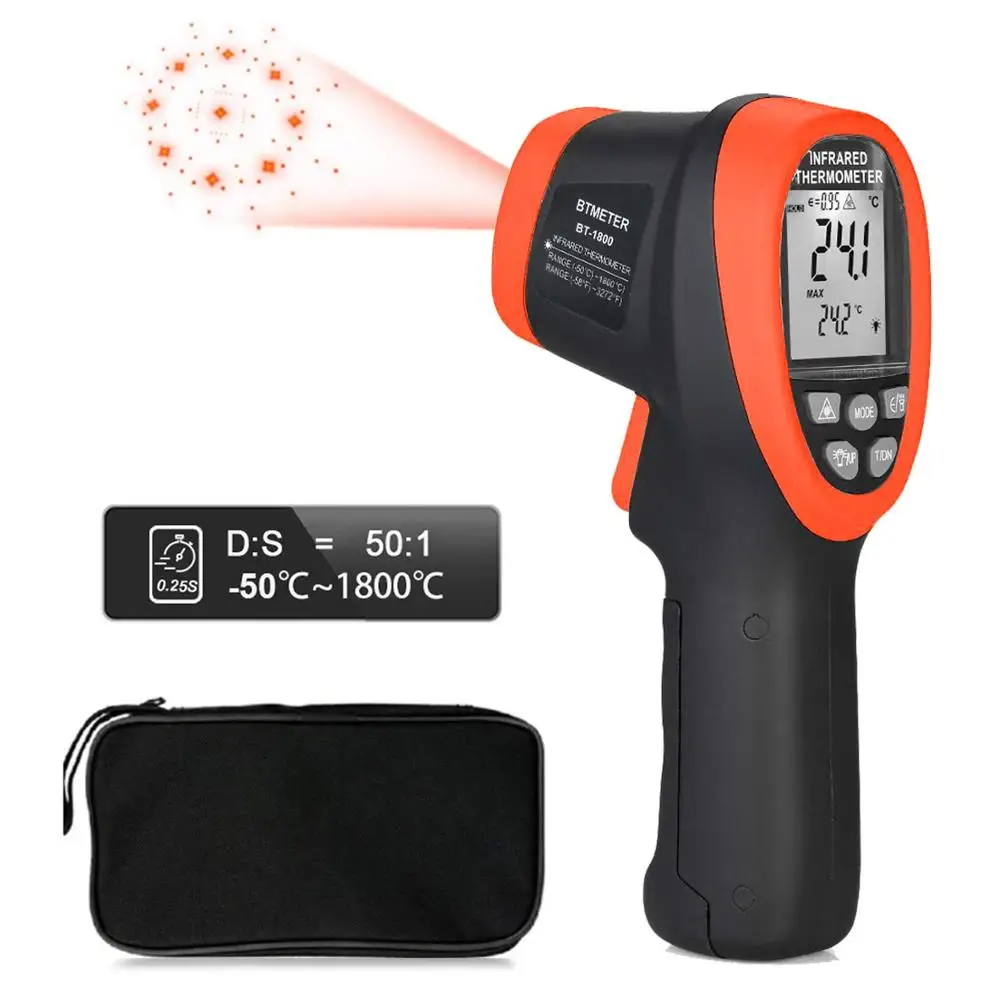 BTMETER BT-1800 Non-Contact Digital Infrared Pyrometer -50℃~1800℃ Double Laser Thermometer for Industrial (Not for Human) 50:1