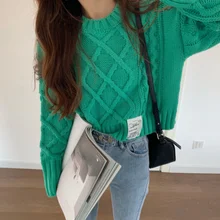 

2021 new autumn Korean versatile women's top loose short twist sweater women's round neck Pullover Sweater