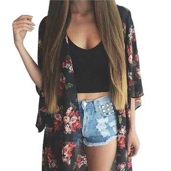 

Women Summer Vintage Kimono Long Cardigan Chiffon Loose Floral Printed Blouse