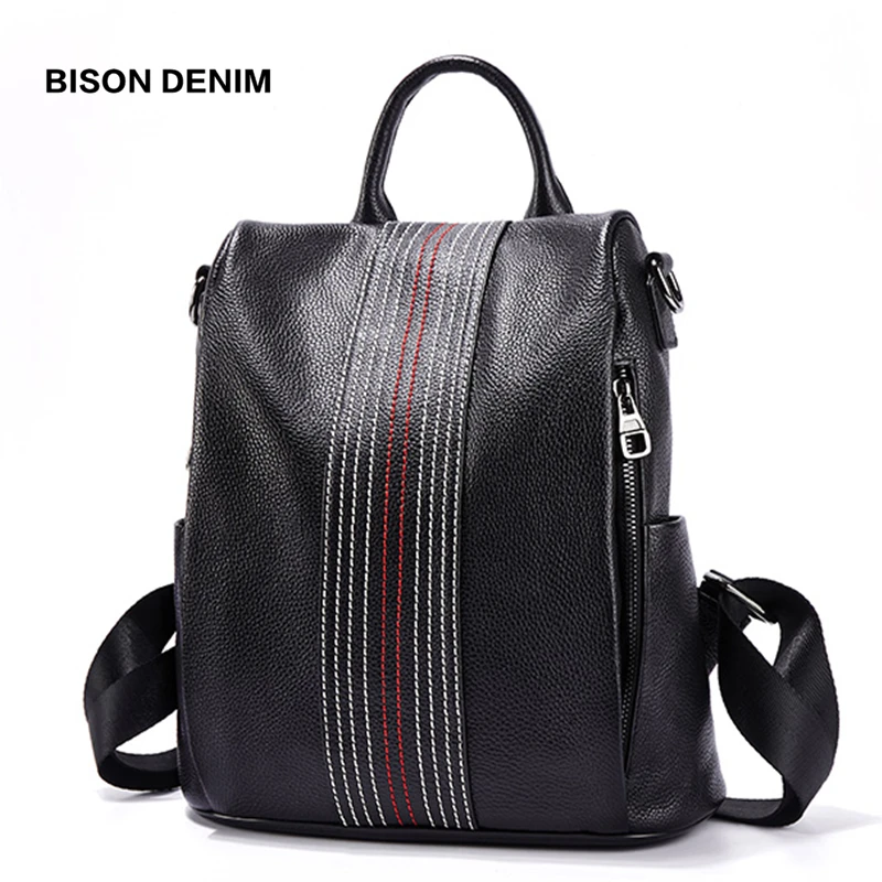 

BISON DENIM Genuine Leather Women Backpacks Female Shouder Bag Travel Ladies Bagpack Mochila iPad School Bags For Girls B1836
