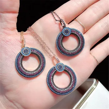 

10pcs/lot Middle East Style Good Plating CZ Pave Round Loop Turkey Evil Eye Rainbow Pendant Necklace Fashion Jewelry