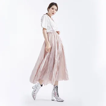 

Sweet and Simple Two Pieces Women's 2020 Summer Fashion Pure White T-shirt Collocation Suspenders Pleated Strap Long Dress