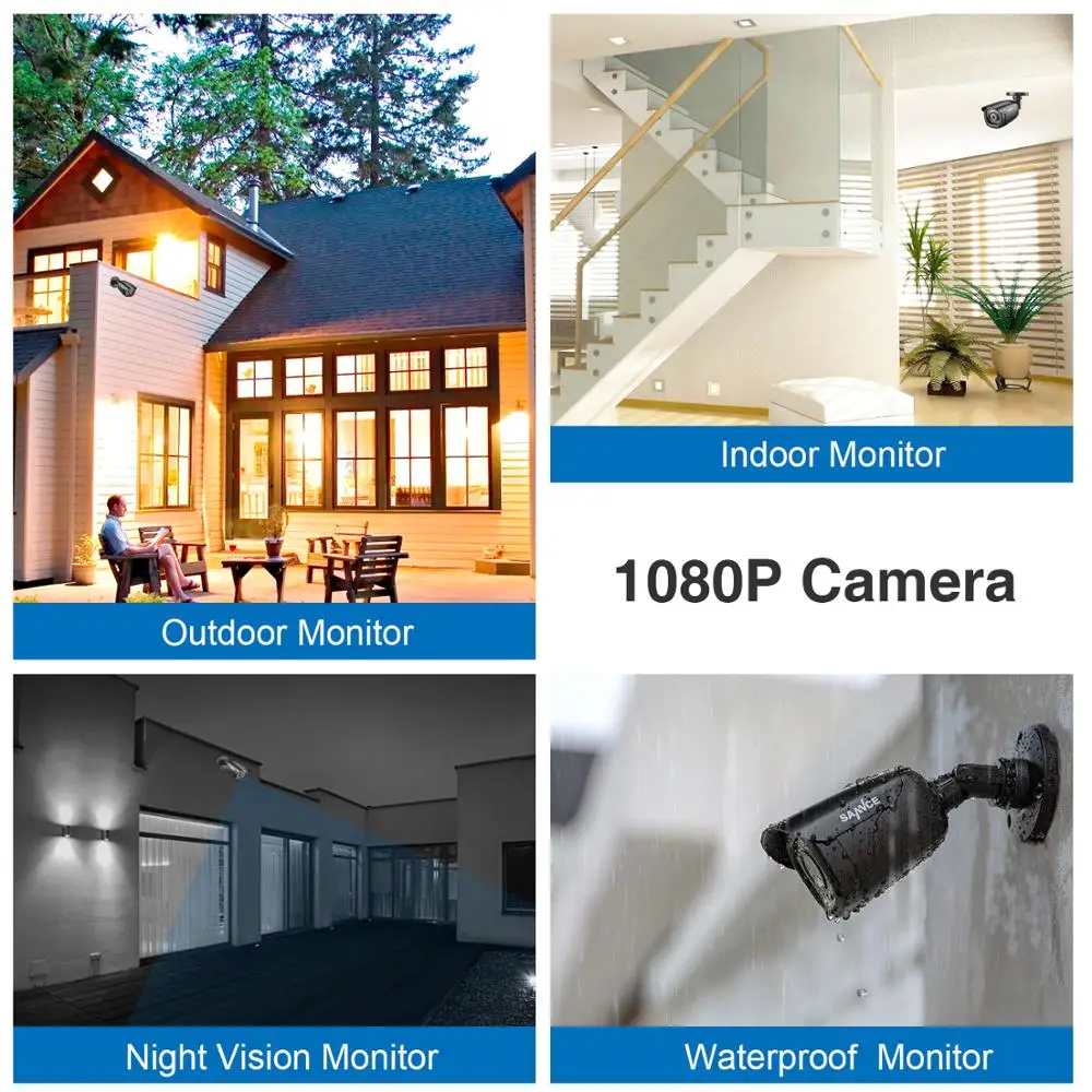 SANNCE 4CH 5-IN-1 DVR 1080P Outdoor Weatherproof 2/4 PCS Security Camera Day/Night CCTV System Kit