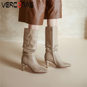 

VERCONAS New Women Mid-Calf Boots Autumn And Winter Shoes Genuine Leather Fashion Elegant Concise Boots Zipper Long Boots Woman