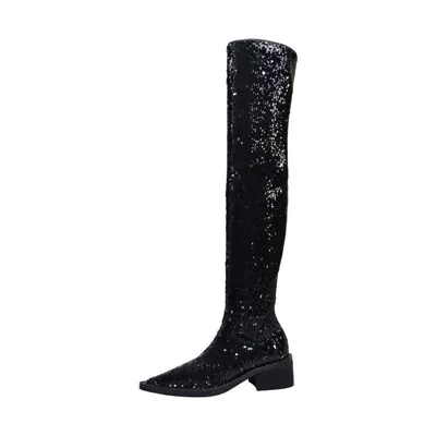 MStacchi/женские блестящие высокие сапоги; женские теплые эластичные ботфорты выше колена; botas mujer invierno; ; высокие сапоги до бедра на квадратном каблуке - Цвет: black