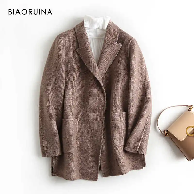 Коричневый BIAORUINA, женская, свободная, шерсть, двухсторонняя, корейский стиль, толстая, теплая куртка, пальто, на одной пуговице, отложной воротник, высокое качество - Цвет: Коричневый