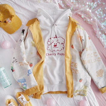 

Spring New Both sides Wearing Short coat Teen Girls Sweet Loose Student Harajuku Outwear Cute Cartoon Print Jacket College style