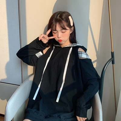 Черный Женские свитшоты, корейский стиль, Ins Chic Ulzzang, свободные, повседневные, на шнуровке, Ретро стиль, толстовка, женская, Ретро стиль, Kawaii, милый свитшот для женщин - Цвет: Черный