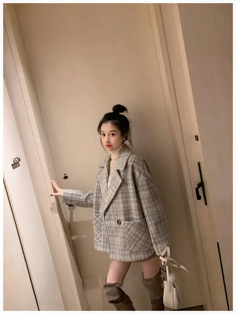 Heydress клетчатое шерстяное пальто женское осень зима свободное популярное корейское ретро маленькое утолщенное твидовое пальто