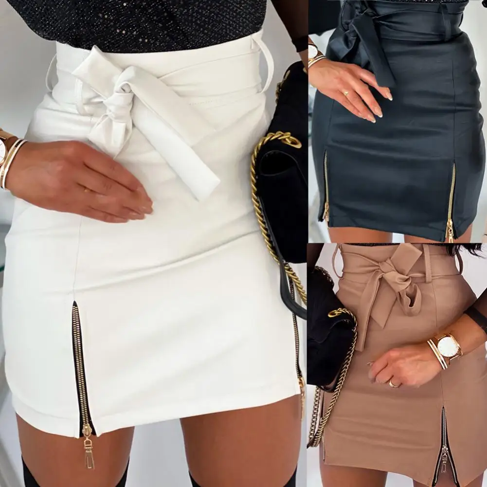 

Women Sexy Solid Color Faux Leather Zippers High Waist Belt Bodycon Mini Skirt