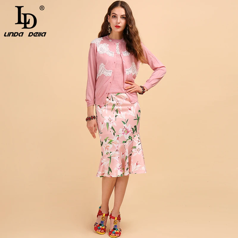 LD LINDA DELLA Fashion Runway Autumn Sets Women's Pink Long Sleeve Coat And Casual Printed Trumpet Mermaid Skirt Two Pieces Set LD LINDA DELLA Fashion Runway Autumn Sets Women's Pink Long Sleeve Coat And Casual Printed Trumpet Mermaid Skirt Two Pieces Set