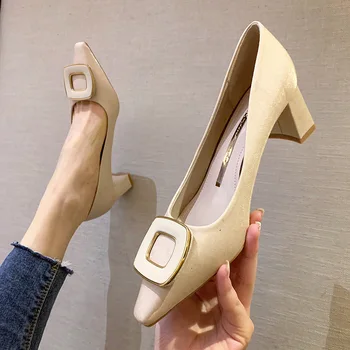 

Luxury Metal Design Women Pumps New Pointed Toe Solid Flock Women Shoes High Heel Stiletto Sexy Office Dress Shoes Woman Shallow