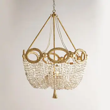 

gold and crystal chandelier light Hemp rope crystal beaded hanging kitchen light fixtures Russia D55*H88CM 4 candle lights