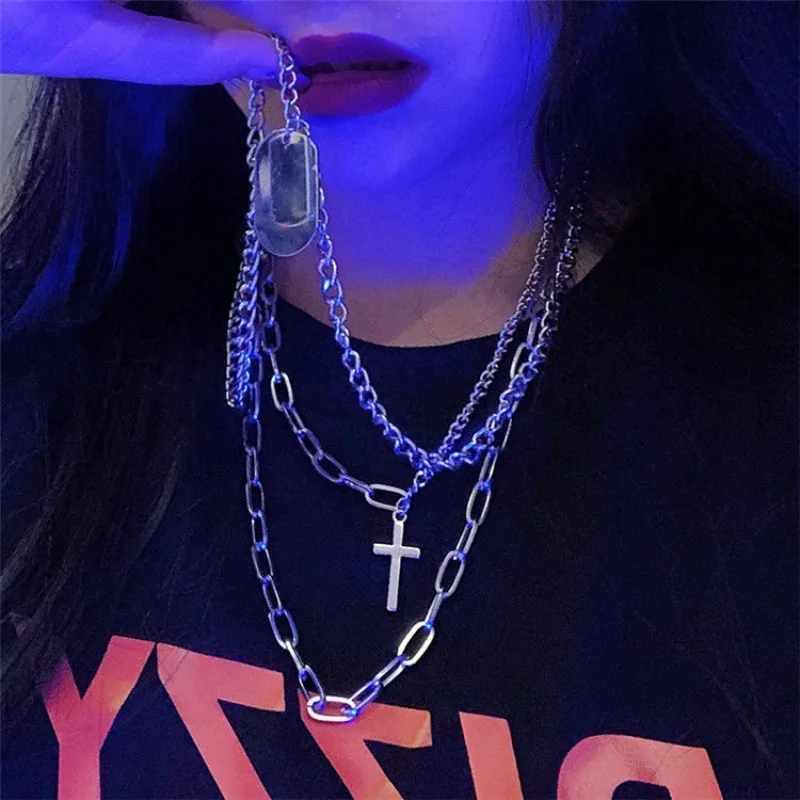 Collier avec pendentif croix Punk pour hommes et femmes, chaîne multicouche, chaînes Hip Hop, cadeaux de noël, vente en gros